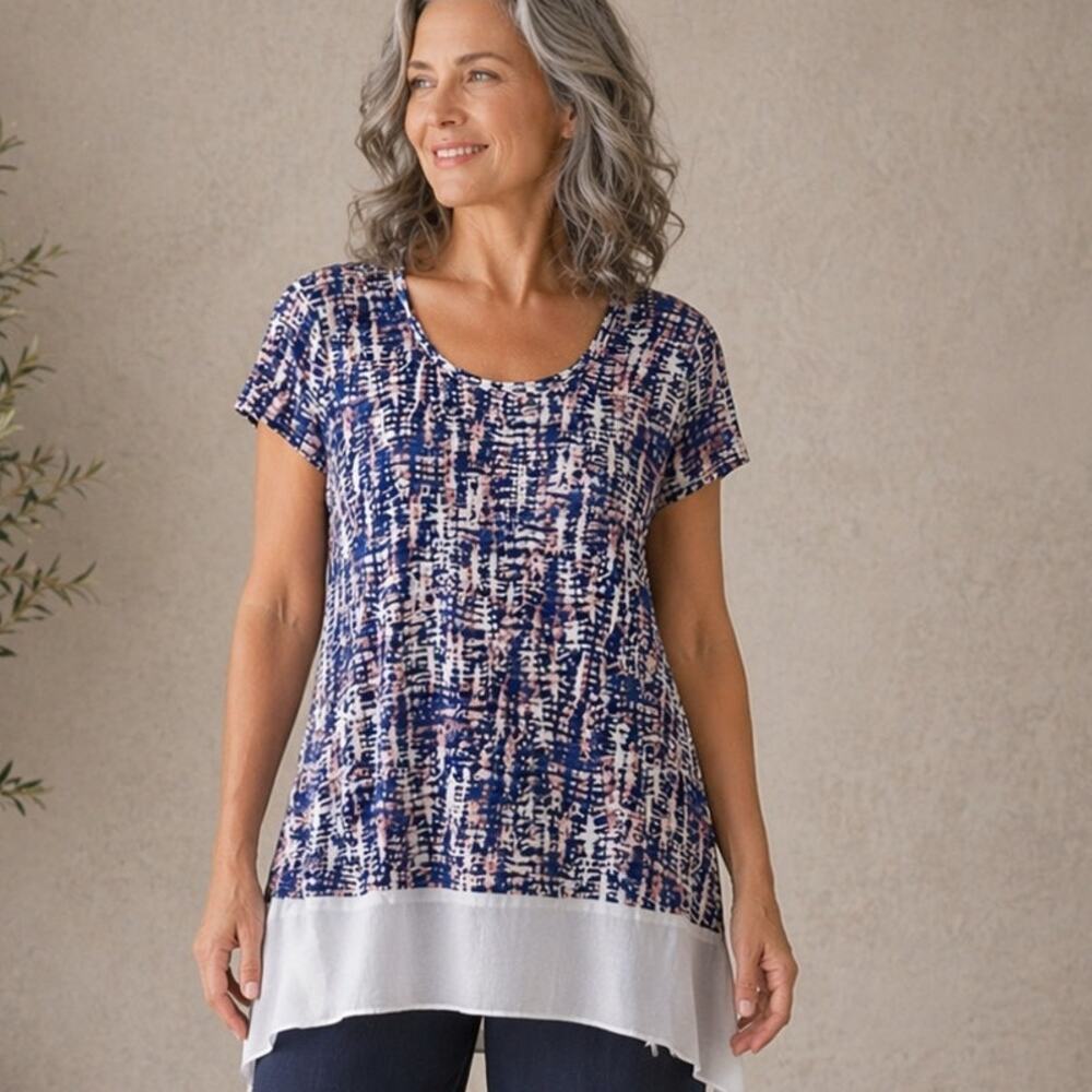 Karen Kane Tunic M Blue Abstract Slinky Knit Chiffon Hem Short Sleeve Top